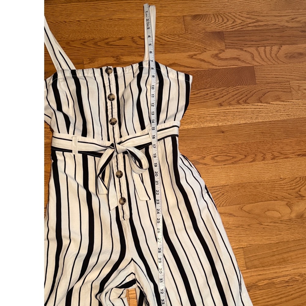 LOFT Striped Linen Blend Wide Leg Jumpsuit Black White Button Front Size 8 - Picture 6 of 10